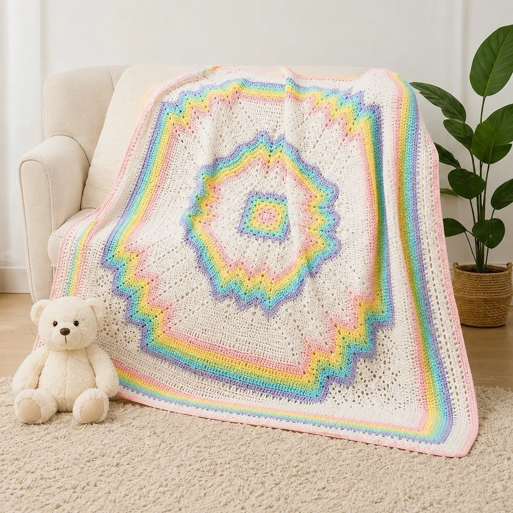 VTG 80s Handmade Crochet Rainbow Pastel Baby Blanket Starburst Afghan 36x36
